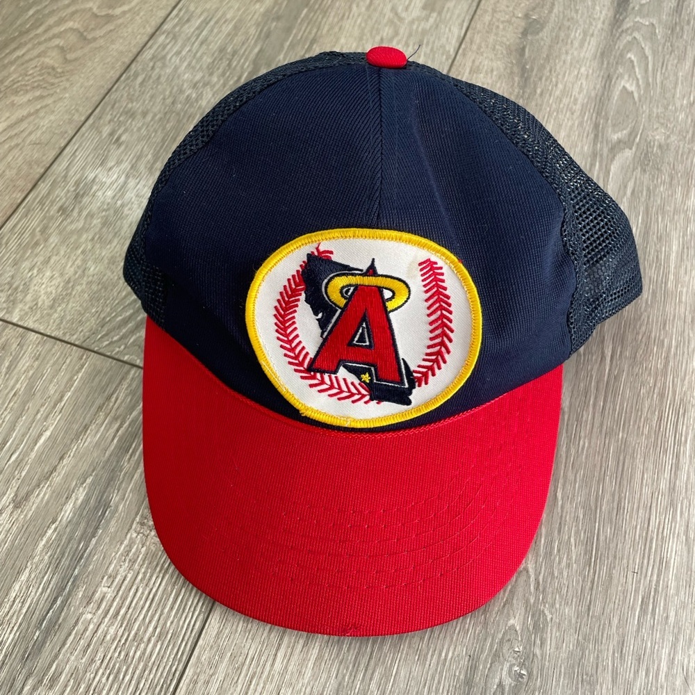 VINTAGE California Angels Hat Cap Snap Back Blue Red Trucker Mesh MLB Patch 90s